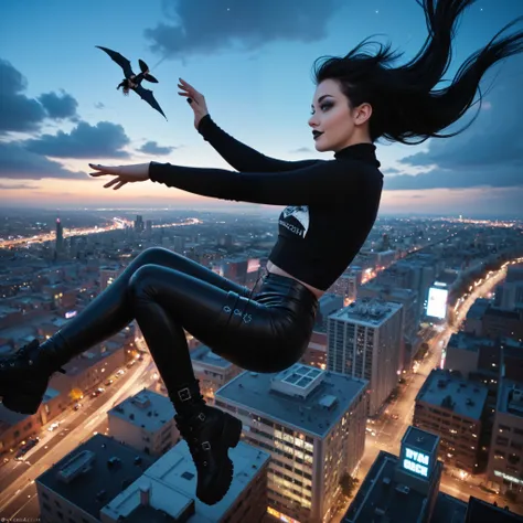  Realistic, Cybergoth girl flying on the back of a big flying dragon, hair in the wind,  flying over the city at night, Grasped tightly, Happiness on your face