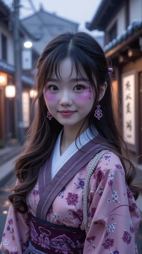  A Chinese Girl ，20 years old， Face Soft ， Goose Face， bright almond-shaped eyes，Purple Eyeshadow，long hair，Ancient City，street， Takayama， Calm Sky ，繁華的street，Night falls ，Red cheeks ， Wearing a Hansel，Smile Optimistic 。