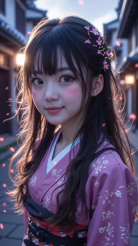  A Chinese Girl ，20 years old， Face Soft ， Goose Face， bright almond-shaped eyes，Purple Eyeshadow，long hair，Ancient City，street， Takayama， Calm Sky ，繁華的street，Night falls ，Red cheeks ， Wearing a Hansel，Smile Optimistic 。