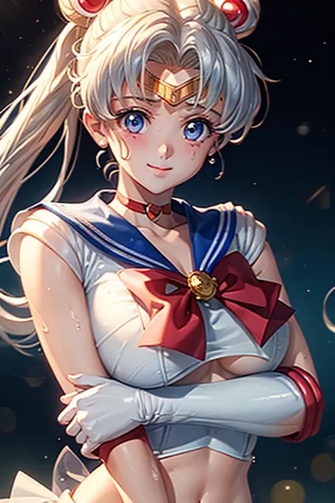 Sailor moon, ( upper body closeup shot ), ( Bokeh effect), stripping , shy, white bikini, wet clothes, see through, clevage, wet, anime,seductive pose, smiling, cute, blushing, ultra high quality, ultra high definition, ultra realistic, 8k, masterpiece