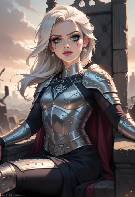 Queen Elsa with long white hair wearing dark battle armor, sitting on a throne made of human skulls, looking at the viewer with a hungry expression, outdoor apocalyptic landscape, dramatic lighting, end of days atmosphere, ultra-detailed, 8k, photorealisti...