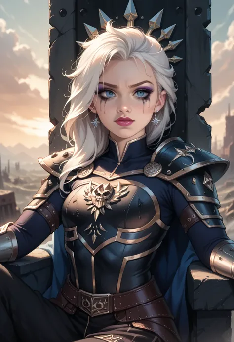 Queen Elsa with long white hair wearing dark battle armor, sitting on a throne made of human skulls, looking at the viewer with a hungry expression, outdoor apocalyptic landscape, dramatic lighting, end of days atmosphere, ultra-detailed, 8k, photorealisti...