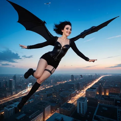  Realistic, Cybergoth girl flying on the back of a big flying dragon, hair in the wind, Flying over the city at night, Grasped tightly, Happiness on your face