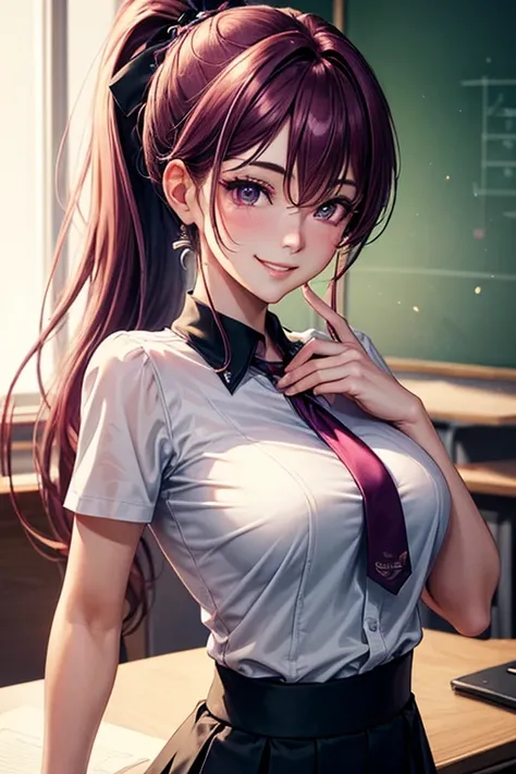 ((best quality)), ((masterpiece)), (detailed), 1girl , ((best quality)), ((masterpiece)), (masterpiece), long magenta hair , ponytail hair , slim body, elegant mature women, bautiful detailed hair violet eyes, smile, gorgeous face, blush face; ultra detail...