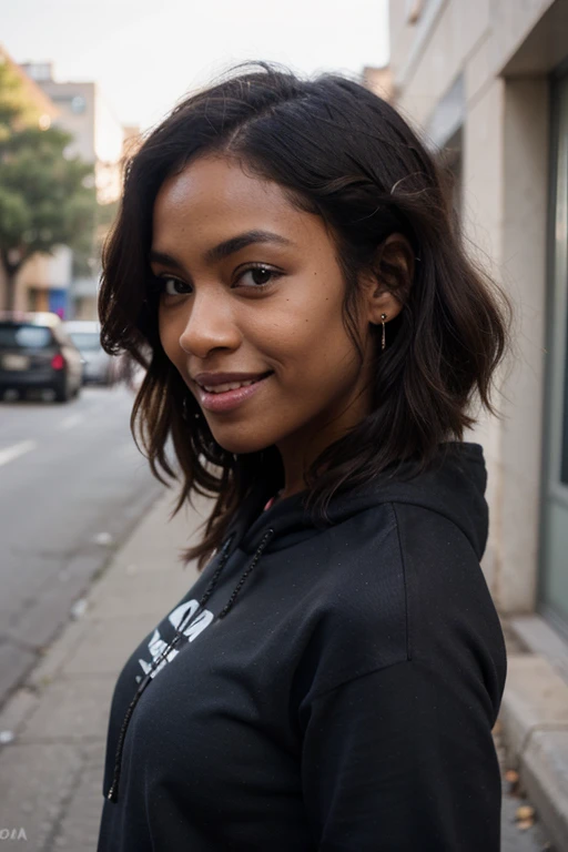 African black woman, very dark ebony skin, smile, dreadlocks chignon, Fitness musclular body, blue hoodie dress, close-up portrait, from face, street Block 