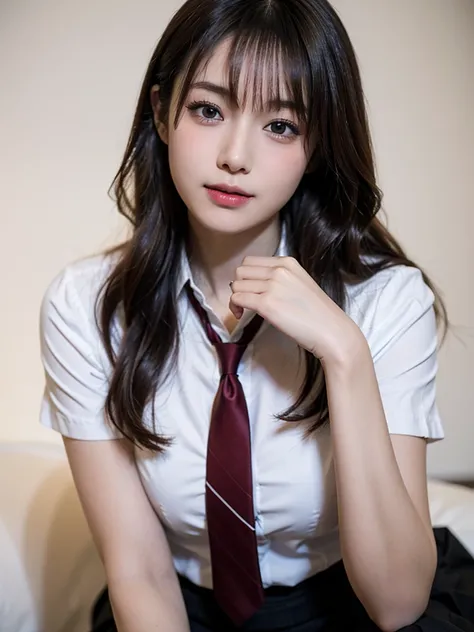 ( masterpiece, top quality, best quality,8k, girl,ultra detailed,raw photo), High detail, Best quality, dynamic angle, Detailed face,Detailed eyes,Beautiful Brown eyes,large breasts,( 1girl ), parted bangs, schools uniform ,((Innocent)),((Natural skin with...