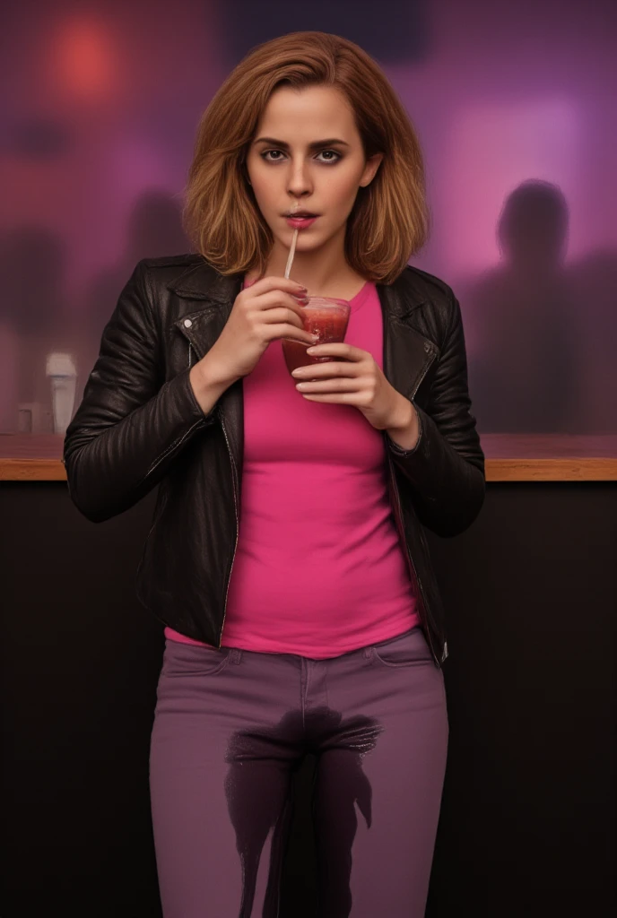 (photorealism:1.2), (high quality Raw photo) portrait photo of  Emma Watson  (Low profile ultra tight used fashion jeans pants, Ultra tight pink t-shirt with leather jacket, Show navel, Random jewlery, Standing at the bar of a club drinking a cocktail ) (v...