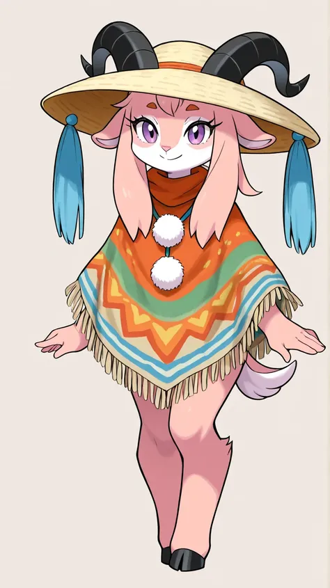  Female furry ager "A cartoon-style anthropomorphic goat character with a colorful and cheerful design. The goat has soft cream-colored fur, short curved horns, and expressive purple eyes with long eyelashes. Its face features a friendly and slightly misch...