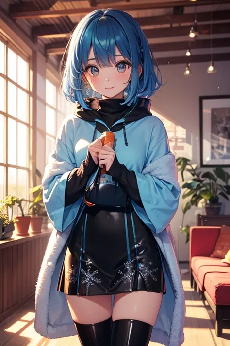 Eyes that sparkle like blue topaz, 1 girl, bright orange hair , ash blue colored hair, Faux Fur Coat ( Snowflakes柄),Put on a blanket, Turtleneck Long Dress, Long Sleeve, long skirt( Snowflakes柄), black tights, long boots,Warm sunshine,greenhouse,A rainbow ...