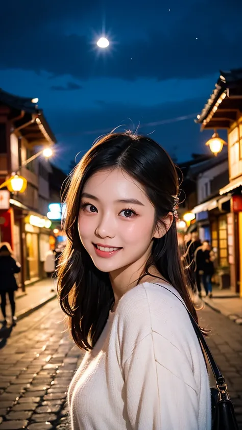  A Chinese Girl ，20 years old， Face Soft ， Goose Face， bright almond-shaped eyes，Purple Eyeshadow，long hair，Ancient City，street， Takayama， Calm Sky ，繁華的street，Night falls ，Red cheeks ， Wearing a Hansel，Smile Optimistic 。