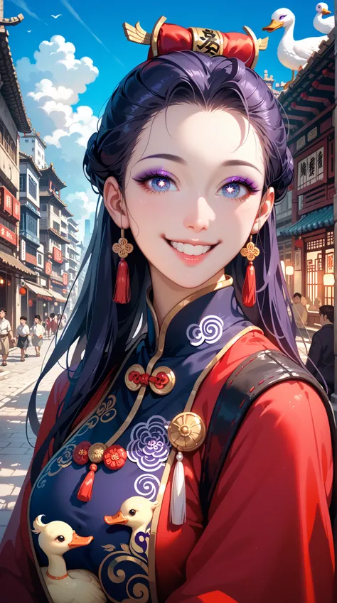  A Chinese Girl ，20 years old， Face Soft ， Goose Face， Bright Almond-Shaped Eyes，Purple Eyeshadow，long hair，Ancient City，street， Takayama， Calm Sky ，繁華的street，Night falls ， Red Cheeks ， Wearing a Hansel，Smile Optimistic 。