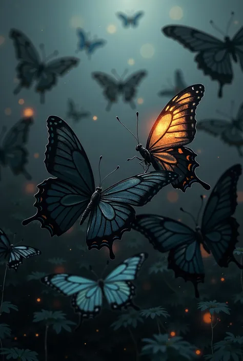 A world of butterflies, all black, as black as oil paint and their tops. 
 It's a failure, but between them, one of them, the top is healthy and has the most beautiful color, and it shines between them, the other butterflies are so ugly.