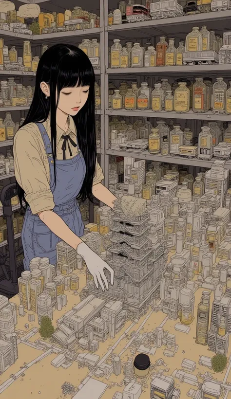  A beautiful Japanese woman is assembling a huge diorama of the Osaka cityscape、Assembling the Osaka Castle part 、Work clothes 、 wearing white gloves  、 work room  、  Many train models are lined up on the wall and bottles containing parts made of plastic m...