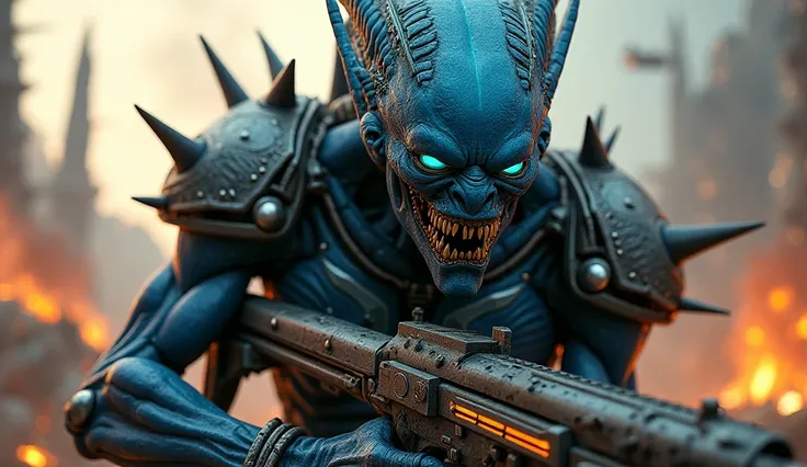 "A hyper-realistic, cinematic close-up of a menacing alien warlord with glowing blue eyes, textured blue skin covered in scars and bony ridges. His sharp fangs are bared in a snarl, and his face is covered in battle-worn metallic armor with intricate engra...