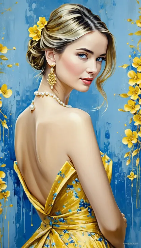 Create a picture with a high resolution of a beautiful European woman, yellow-blue small flowers and yellow gold dresses with a blue tinge, with a pearl earring. The painting is done in the style of imported with thick textured strokes. The background is s...