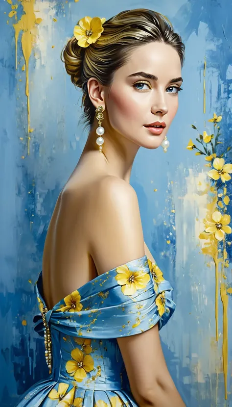 Create a picture with a high resolution of a beautiful European woman, yellow-blue small flowers and yellow gold dresses with a blue tinge, with a pearl earring. The painting is done in the style of imported with thick textured strokes. The background is s...