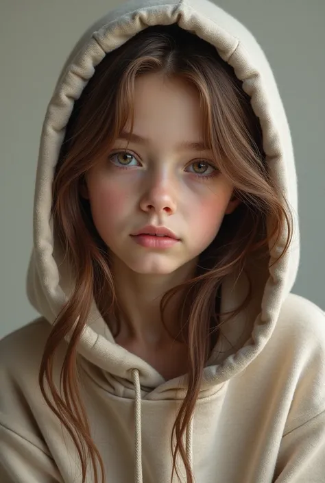 girl, photorealistic, wearing a hoodie ,  brunette 