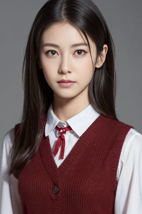   high resolution, 、 very detailed,  top quality, ​masterpiece,( beautiful, small_chest:1.4), ( beautiful_face:1.5), (Narrow _ waist), At school,  school uniform ,   red pleated skirt, neck_ribbon,vest, shirt, black hair, length_hair, 前hair,  in the seat, ...