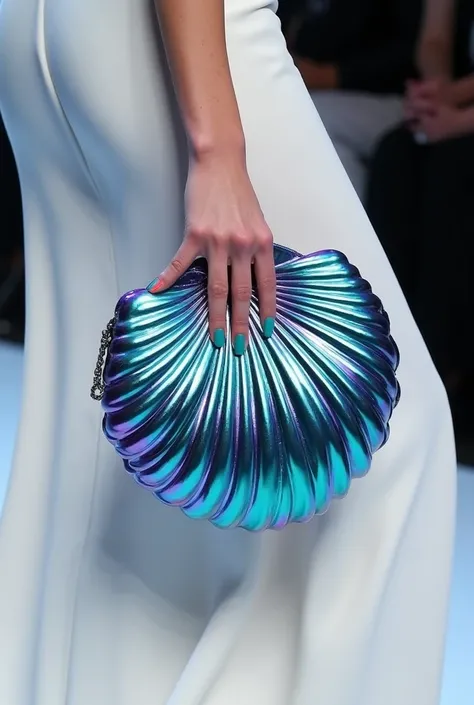 mesmerizing, iridescent shell-shaped clutch with a sculpted, wavy texture that shifts colors between shades of blue, purple, and green, depending on the light. The bag has a glossy, pearl-like finish, making it look like a high-fashion statement piece. The...