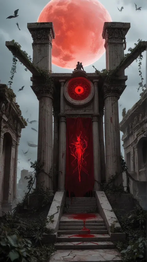 A ruined ancient Greek temple, shrouded in darkness and decay. Cracked marble columns stand broken, covered in creeping vines and eerie symbols. A blood-red moon casts an ominous glow through stormy clouds, while thick fog rolls across the ground. Shadowy ...