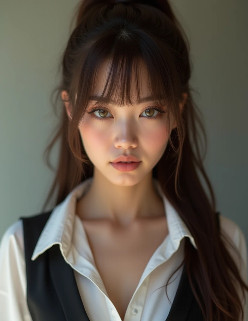 woman with long hair、Front bangs hair、Brunette hair color,  fair skin,  looks at the camera ,  seductive look , green-brown eyes , good figure, Office woman,  extremely photorealistic,  fair skin, Pony hair in front, 2k photorealistic resolution, 25-30 yea...