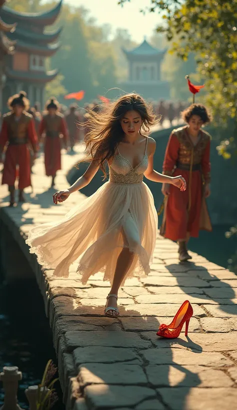 "Tam fleeing the festival, leaving behind a delicate slipper on a bridge, with the king's guards searching for its owner"