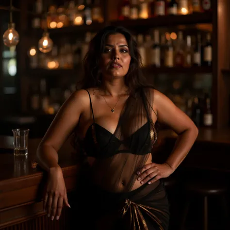 A 30 year old busty voluptuous indian woman with large breasts in a low waist black and brown transparent saree gracefully highlighting the navel tied seducingly,  posing at   bar  with a tired look on her face ,sweat , cinematic lightning 