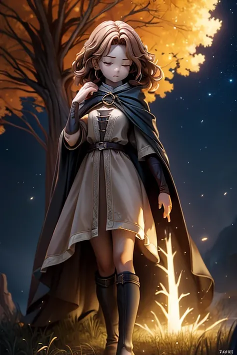 best quality, masterpiece, melina \(elden ring\),1 girl, solo, brown hair, curly hair, black cloak with hood,orange eyes,tunic,belt,boots,full body, ashes and sparks in the air, (closed left eyes:1.2),(Scar on left eyes:1.2), 8k, high resolution, ultra det...