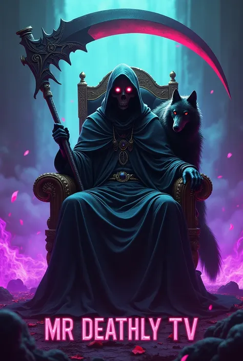 Male grim reaper in a long black cloak sitting on a throne, gaming head seat on, gaming for twitch, huge scythe on his back, purple and teal flames in the background, huge pet wolf, Mr Deathly TTV below in bold letters, Red Eyes, 