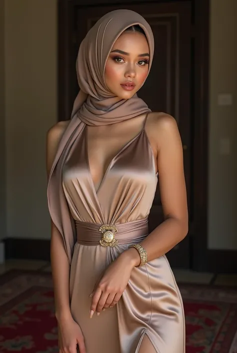 very sexy and beautiful charming wearing a beautiful and sexy satin dress and wearing a hijab, a beautiful Malay woman who is very beautiful and charming, ((Ultra-realistic INS photos 8K ULTRA UHD Plus)) ((Hyperrealistic photographer)) ((skin texture detai...