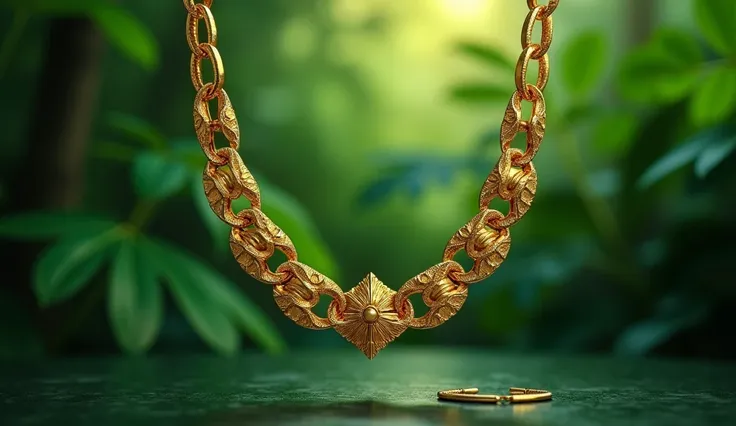 a beautiful golden neckless on a luxuries green background
the neckless is in the midlle tacking one third of the space and the rest is empty