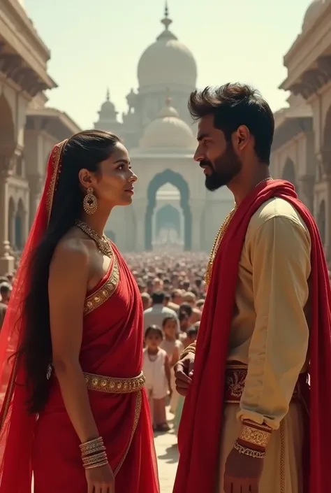 Gorgeous godly woman in blue eyes wear red saree and handsome man in grown short black hair and short beard wore beige kurta and red shawl facing off each other in big hindu temple with three elephants and huge crowd epic frame