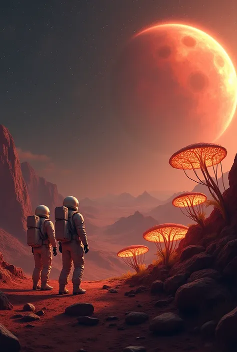 Fungi in Space "
" A conceptual vision of a space colony with fungi growing on metal surfaces.  Astronauts observe ,  Intrigued ,  while luminous mushrooms help create a habitable environment on Mars .  The background shows the vastness of space and the re...