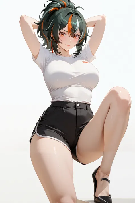 masterpiece, extremely detailed,4k,solo,1girl,adult ,((fullbody)),zhu yuan, tsundere smile,,stand up,ponytail streaked hair,slim body, sexy legs,large breasts,arms behind head,housewife, black shorts, oversize white tshirt, soft light, high detailed, best ...