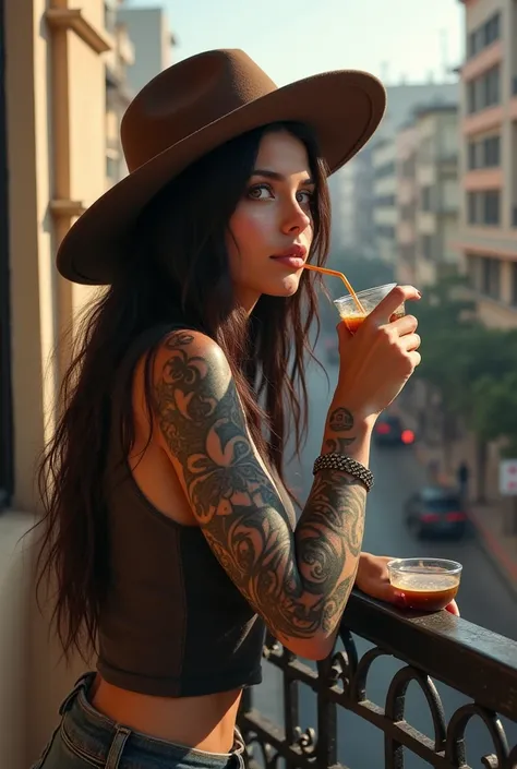 Tattooed Gaúcha Brunette in a Hat Taking Chimarrão on the Balcony of the Porto Alegre Building 