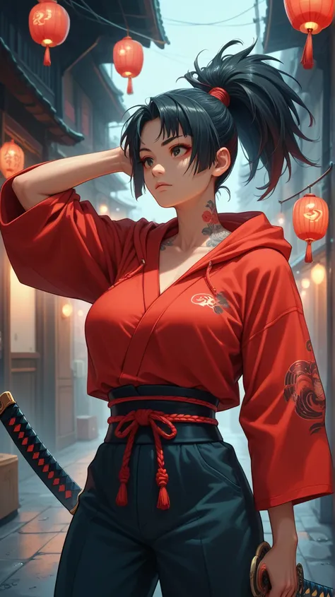 Street Samurai – She wears a black and red hoodie with a stylized samurai mask on the front. Her dark hair is tied back in a high ponytail, and her tattoos are traditional Japanese-style ink. A katana is slung over her back, and the background is a misty u...