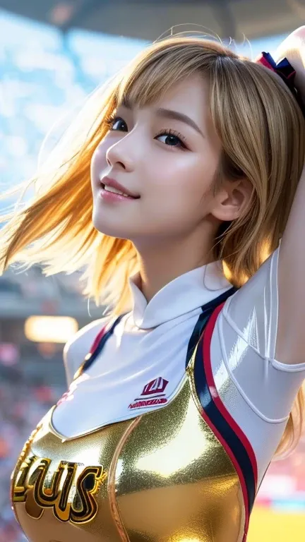 (((  TOP QUALITY、8k、 Photorealistic:1.4、​masterpiece)))、  backlight、   Attractive Women's Hairstyle Bundle Logo 、顔のディテール付き 、18 years old、((( Latex Gold Cheerleader Uniform with Face Details:1.2)))、((  stadium background:1.2))、 raise your arms、smile、   mous...