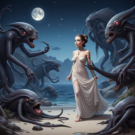 a beautiful woman with sexy venera's face dressed as Princess Leia in a translucent white sheer gown, revealing her body, with an iconic side bun hairdo, no underwear, she is walking along an alien beach by moon light where she is confronted by the (cybern...