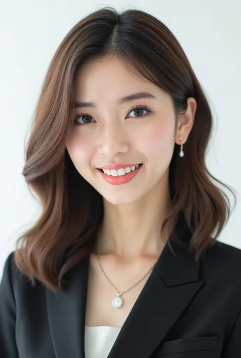Beautiful Japanese Woman 、、 She is wearing an office lady suit、濃いeyeshadow 、Hairstyle medium long、wavy hair 、Light brown hair 、ear piercing、 smile showing teeth、 necklace、 white backgr