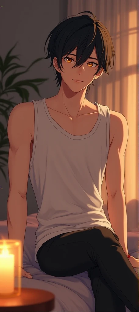 1 Anime for men, หนุ่มhandsomeอายุ 20ปี ,  short hair , handsome, White skin,    black hair, Golden-yellow eyes,  full and glossy lips ,  ,   half-open lips   ,thin thighs, petite body, , slightly muscled , thin,  body(body heigth:189cm),  , dark, sharp , ...