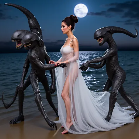 a beautiful woman with sexy venera's face dressed as Princess Leia in a translucent white sheer gown, revealing her body, with an iconic side bun hairdo, no underwear, she is walking along an alien beach by moon light where she is confronted by the (cybern...