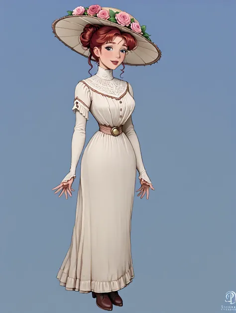 Starfire as a sexy 15yo redhead Gibson Girl, (((flirting:1.5))), wearing a (((1900_dr3ss))). High-collar gown, wide-brimmed hat with flowers, silk stockings, buttoned ankle boots. Voluminous Gibson Girl updo. Edwardian setting. Gorgeous feminine face, lips...