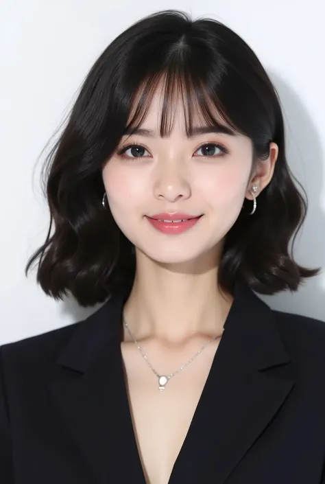 Beautiful Japanese Woman 、、 She is wearing an office lady suit、濃いeyeshadow 、Hairstyle medium long、wavy hair 、 black hair、ear piercing、 smile showing teeth、 necklace、 white backgr