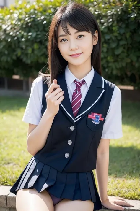   high resolution, 、 very detailed,  top quality, ​masterpiece,( beautiful, small_chest:1.4), ( beautiful_face:1.5), (Narrow _ waist), At school,  school uniform ,   red pleated skirt, neck_ribbon,vest, shirt, black hair, length_hair, 前hair,  in the seat, ...