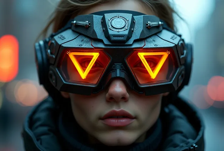 a pair of goggles with a pointed inverted triangular design for each eye, highly detailed, photo-realistic, 8k, ultra-detailed, sharp focus, physically-based rendering, professional, vivid colors, intricate design, futuristic, science fiction, cyberpunk, s...