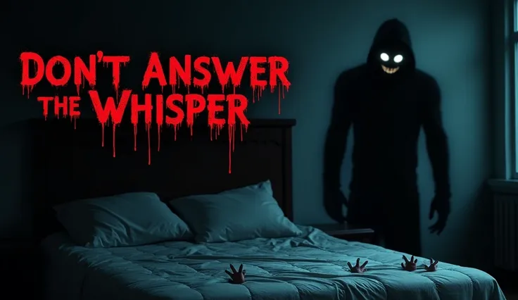 "A terrifying horror thumbnail featuring a dark bedroom with an ominous shadow figure standing right next to the bed. The silhouette has eerie, glowing white eyes peering through the darkness, and a faint grin is barely visible. The bed is slightly illumin...