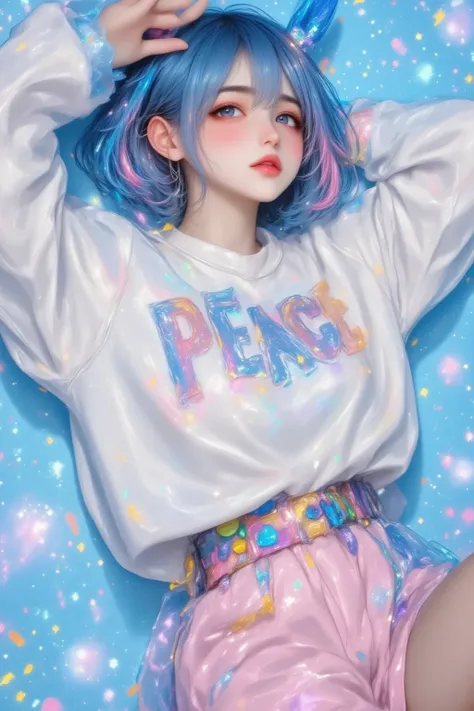 photo realistic,best quality, peace sign, vibrant colors, blue and pink hair, stylish outfit, oversized sweatshirt, bold graphic text, shorts, playful expression, ear accessories, colorful belt, flat design, blue polka dot background, high contrast, minima...