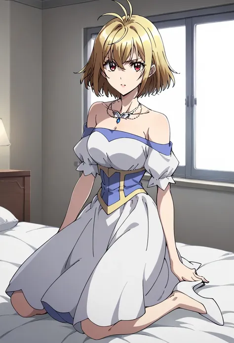 Angelis Ikaruga Sword,   blond hair,  red eyes , stupid hair,  necklace, white dress, Shoulders, clavicle, Chest, white highheels,  score_9,  score_8_ up the side,  score_7_ up the side,  score_6_ up the side,  score_5_ up the side,  source_Anime, rating_s...