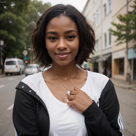 African black woman, very dark ebony skin, smile, dreadlocks chignon, Fitness musclular body, white tracksuit dress, close-up portrait, from face, street Block 