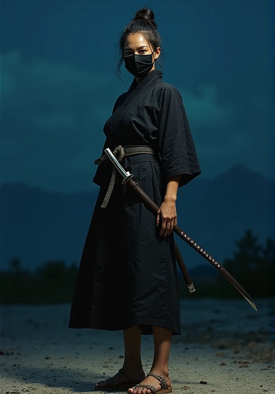 (((Female ninjas in the Edo period))), ((( holding her legs open ))), (( perfectly beautiful 20-year-old Japanese female ninja)),  (((I'm wearing old straw sandals from the Edo period))), (((Straw Sandal ))), ((( holding her legs open ))), ( Masterpiece: 1...